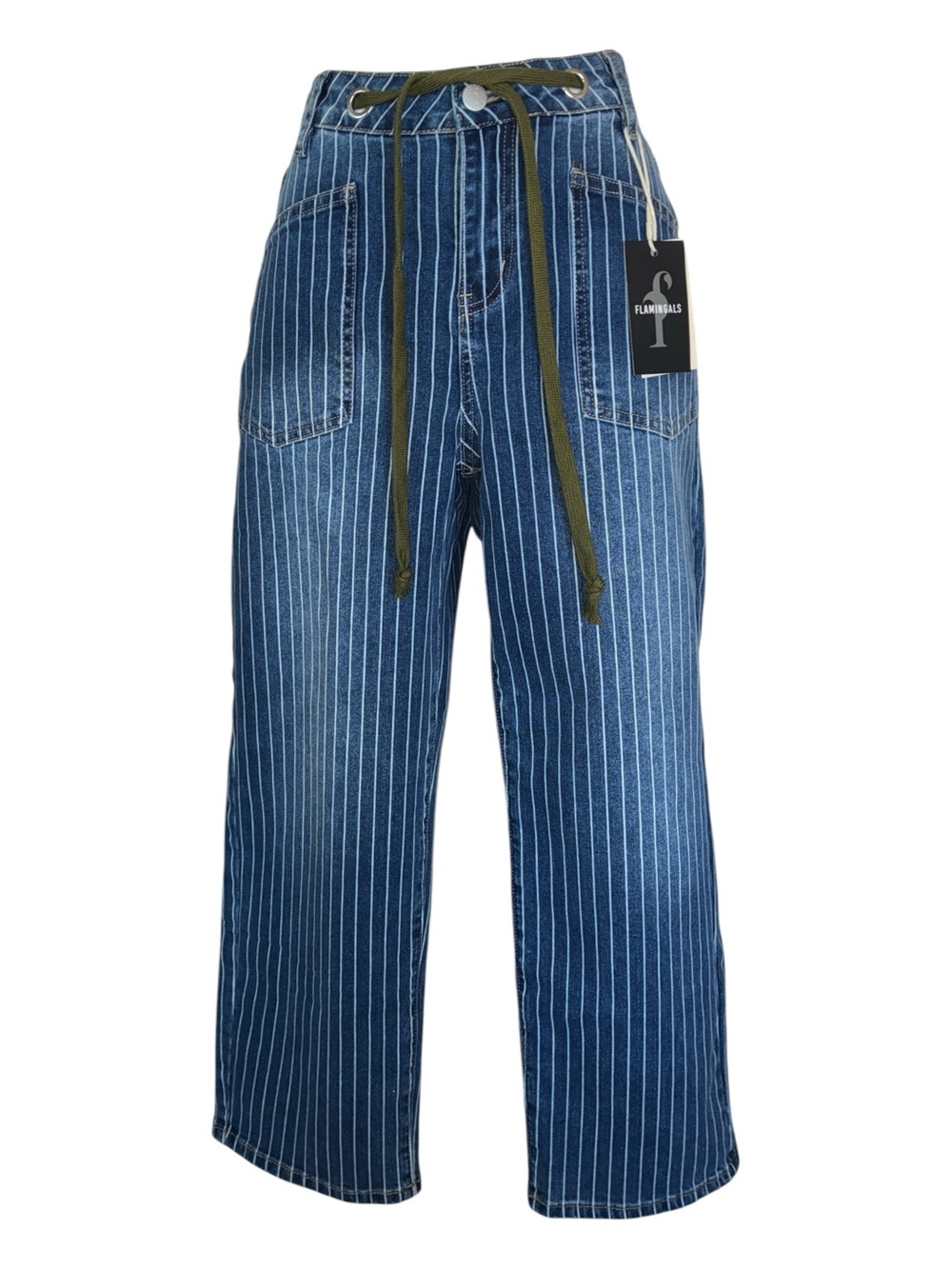 Flamingals wide leg jeans, women's blue with Pinstripe, Drawstring Waist. NWT
